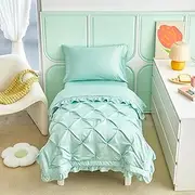 4 Pieces Pinch Pleated Toddler Bedding Set with Ruffle Fringe, Solid Sage Green Unisex Pintuck Toddler Sheet Sets for Baby Boys and Girls, Includes Comforter, Flat Sheet, Fitted Sheet and Pillowcase