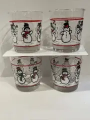Libbey Dancing Snowmen & Snowflakes Double Old Fashioned Set Of 4 Glasses USA