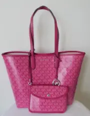 MICHAEL KORS Signature ELIZA Open Snap LG EW Tote w/ Wallet Set Deep Fuchsia NWT
