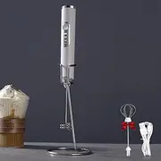 MYPAWEE Milk Frother with Stand Rechargeable Handheld Electric Whisk Coffee Frothers Mixer with 2 Stainless whisks 3 Speed Adjustable Foam Maker Blender for Coffee Matcha Latte Cappuccino Hot Chocolate-White…