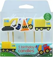 Baked With Love Construction Cake Candles, 5 Bright Birthday Celebration Cake Decorations, Diggger, Lorry, Mixer, Bamboo Pic - Pack of 5 Candles