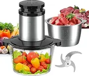 [Becontrip] Electric Chopper, 500W Blender Chopper 2L with Copper Motor & Double Bowls (Glass + Stainless Steel), 4 Removable Blades, 2 Adjustable Speeds Food Processor for Meat/Vegetables/Fruits