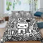 2/3pcs Bedding Set Black and White Cat Printed Comforter Cover Set Cartoon 03