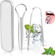 Stainless Steel Metal Tongue Scraper - Tongue Scraper for Adults, Professional Tongue Brush for Oral Care, Improve Bad Breath and Fresh Breath, with Metal Storage Box - 2 Pack