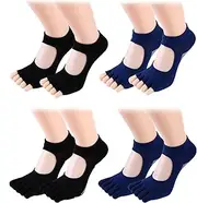 [XSQD] 4 Pairs Grip Yoga Socks, Toe Socks for Women Anti Slip, Breathable Backless Sockit in One Size Fits All, Cotton Pilates Split Toe Sock, Suitable for Running, Dancing, Pilates, Yoga, Fitness