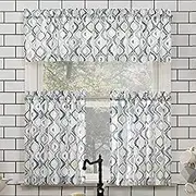 No. 918 Barker Geometric Semi-Sheer Rod Pocket Kitchen Curtain Valance and Tiers Set, 54" x 36", White