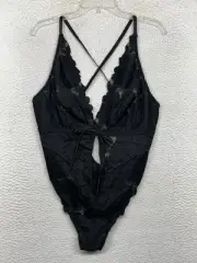 Savage X Fenty Floral Glow Lace Bodysuit with Keyhole Womens 1X Black