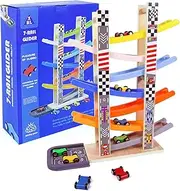 Montessori Toy for 1-3 Years Old Boys and Girls, Kid Wooden Race Track Car, Toddler Ramp Racer Set with 8 Mini Cars & 7 Ramps, Perfect for Babies' Birthday Gifts, Visit Gifts