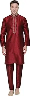[Maple Clothing] Party Wear Dupion Silk Mens Kurta Pajama India Clothing (Maroon, L)