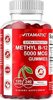 Vitamatic Extra Strength Vitamin B12 5000 mcg (Methyl B12) Gummies - 240 Count - Energy Metabolism Support and Nervous System Health Support, Natural Cherry Flavored