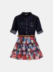 GUESS Blue Floral Long Sleeve Dress Size: 16, Cotton
