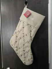 POTTERY BARN PERSONALIZED TINA CHRISTMAS STOCKING HAND BEADED LIGHT TAN