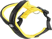 BullyBillows Slip-On Dog Harness - Foam Padded, Neoprene-Lined, Adjustable, Non-Restrictive Y-Shape with Reflective Strips & Stainless Steel D-Loop |Black-Yellow | Medium-Large