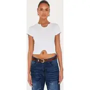 White Modal Cotton Notch Neck Split Hem T Shirt, White