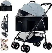 Pet Stroller 3-in-1, Pet Stroller for Small/Medium Dogs with Detachable Carrier, Seatbelt Dog Car Seat, Cozy House, for Veterinary Visits/Hiking/Camping Gray