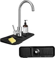 Kitchen Sink Splash Guard 17.7 Inch, Faucet Handle Drip Catcher Tray, Longer Silicone Sink Faucet Mat, Dish Soap Sponge Holder for Kitchen, Bathroom, Farmhouse, Bar & Rv, Black