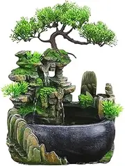 Creative Indoor Simulation Resin Rockery Waterfall Statue Feng Shui Water Fountain Home Garden Crafts(As Shown Without Fog)