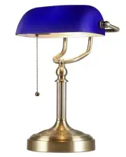 Blue Glass Bankers Desk Lamp with Pull Chain Switch Plug in Fixture for Home