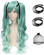 Anangel Anogol Hair Cap + Vocaloid Miku Cosplay Wigs With Two Ponytails Costume Lolita Party Wig (Curly Green)