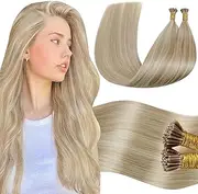 LaaVoo Itips Hair Extensions Human Hair Ash Blonde Highlighted Bleach Blonde I Tip Hair Extensions Human Hair Pre-bonded I Tip Hair Extensions Stick Tip 22in 50g 50s