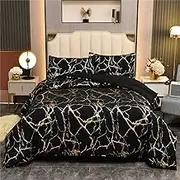 Holawakaka Gold Metallic Marble Comforter Set King Size Foil Print Glitter Bedding Set, Black/Gold……