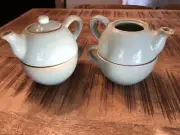 2 - Pier 1 Teapot Teacup Stoneware Sets Sage Green & Gold Accent New Never Used