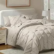 Nestl Queen Comforter Set 7 Piece - Pinch Pleated Comforters Queen Size Beige, Bed in a Bag Queen All Season, Queen Size Comforter Sets Bedding with Flat Sheet and Fitted Sheet, Pillowcases and Shams