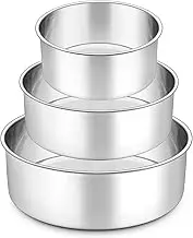 P&P CHEF Cake Pans Set, Round Baking Pan Stainless Steel Layer Birthday Wedding Cake Oven Pans, Non Toxic & Heavy Duty, Deep Side & Mirror Finish, Dishwasher Safe, (6 + 8 + 9.5 Inch, 3Pcs)