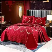 3 Piece Queen King Quilt Sets Big Red Embroidery Lightweight Bedspread Coverlet Cotton Bedding Quilts Set for All Season(229x229cm+51x71cm x2)
