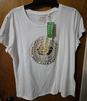 "GUESS" Sparkles/Gold Foil Rose Logo On White T-shirt. Size XL. NWT