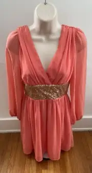 NEW Red Clover Sexy red mini DRESS deep V plunge in front & back gold sequin S