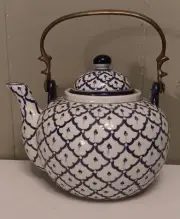ANDREA BY SADEK TEAPOT BLUE WHITE 1980'S CERAMIC W BRASS HANDLE 9X9.5 W HANDLE