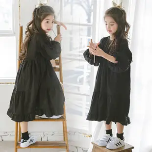 女童秋裝洋裝韓版中大童長袖棉麻寬鬆蛋糕長裙