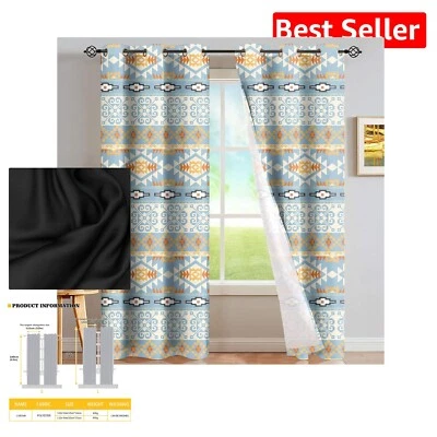 Aztec Pattern Blackout Curtains in Blue - Modern Window Drapes (Pack of 2)
