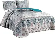 GrandLinen - 3-Piece Pattern Printed King Size Teal Blue/Grey Quilt Set Bedspread Coverlet Bed Cover