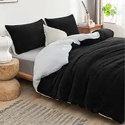 Luxor 2 in 1 Teddy Fleece Sherpa Quilt Doona Duvet Cover Set and Blanket in 6 Colors (Black, Double)