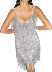 [Wyeysyt] Women's Sparkly Sequin Tassel Sling Dress Fringe Hem Sleeveless Halter Dress Cocktail Party Latin Bodycon Mini Dress