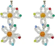 [RYEPOLNIX] Handmade Earrings Crystal Colourful Beaded Double Flower Tassel Stud Earrings Summer Beach Sweet Cute Cool Girls Party Earrings/650