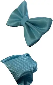 [Zasel] Mens Sky Blue Plain Coloured Checkered Bow Tie & Matching Pocket Square Set