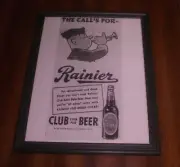 RAINIER CLUB EXTRA PALE BEER FRAMED B&W AD PRINT