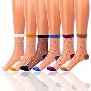 [Miaband] Thin Sheer Socks Dot Mesh See Through Socks Tulle Colorful Ankle Socks for Women and Girls 6 Pairs, Black White Khaki Yellow Blue Purple, One Size