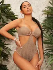 Sexy O-ring Cutout Tie Backless Beige Khaki Teddy Bodysuit One Piece Babydoll US