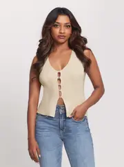 GUESS Women's Eco Beige Alphabet Charm Meghen Knit Top Size: Small, Viscose Rayon