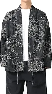 [Generic] Autumn Tang Suit,Men Chinese Jacquard Design Jacket Japanese Chinese Style Cardigan Comfortable Skin-Friendly（Dark Blue,Black）