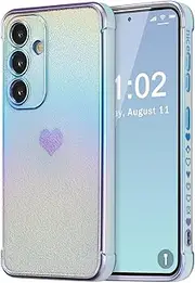 [ZTOFERA] for Samsung Galaxy S24 Plus Case 6.7 inch,Cute Colorful Iridescent Plating Edge Case with Love Hearts Pattern,Camera Lens Protection Shockproof Phone Case for Women Girls,Iridescent Blue