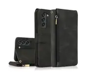 For Samsung Galaxy S21 FE Case, Leather Zipper Purse Flip Cover Case with Card Slot Holder Wrist Strap Lanyard (Black)