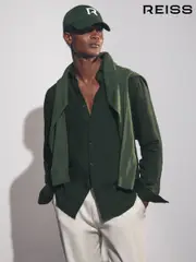 Reiss Dark Hunting Green Ruban Linen Button-Through Shirt (F32823) | $195