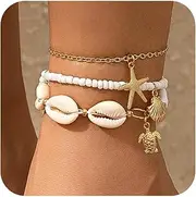 [CLOORDE] 3 Pcs Shell Anklet Set for Women Adjustable Boho Beaded Anklets Sea Shell Starfish Sea Turtle Ankle Bracelets Summer Beach Chainlets Hawaiian Foot Jewelry Accessories