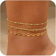 [LEXODY] Gold Ankle Bracelets for Women Waterproof, 14K Gold/Silver Plated Layered Beaded Heart Anklets for Women Trendy Dainty Cuban Link Chain Anklets Set Summer Beach Jewelry Gift