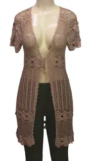 Kroshetta by Papillon Crochet Knit Sweater Cardigan Short Sleeve Brown Size L